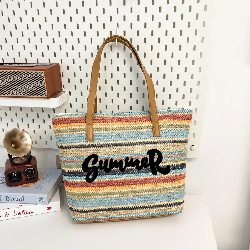 夏用レース刺繍ビーチバッグ 女性用トートバッグ 大容量ショルダーバッグ 草編みバッグ 色: 並行輸入品
