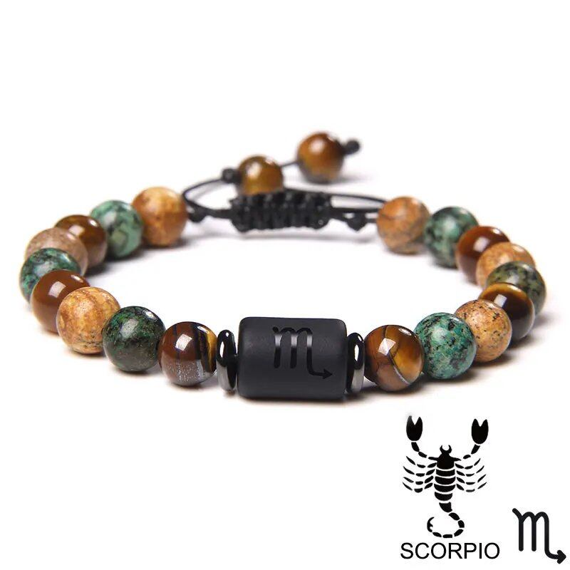 12 Zodiac Signs Bracelet, Natural Turquoise and Tiger Eye Stones, Braided Bracelet, Jewelry for Women and Men, Couples Gift, Adjustable Length; Metal Color: Parallel Import