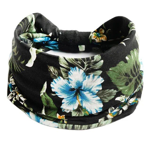 New Boho Floral Print Wide Headband with Vintage Knot Elastic Turban Headwrap for Women and Girls, Cotton Soft Bandana Hair Accessory, Parallel Import