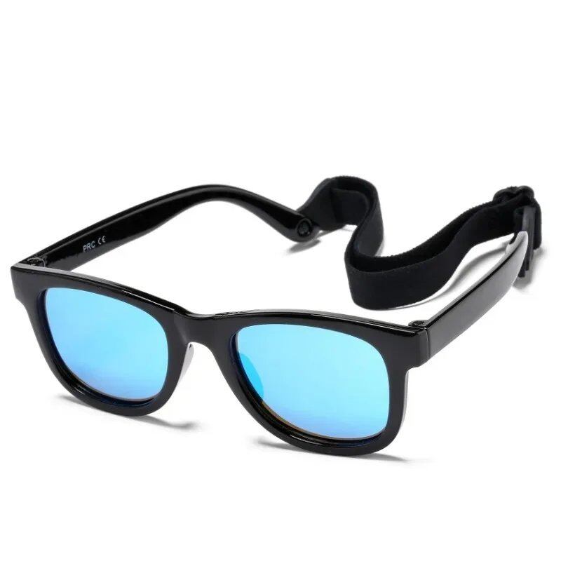 Flexible, polarized sunglasses for newborns (0-24 months) with straps, square silicone frame, mirrored finish, UV400 protection. Frame color: 0-24 months; Lens color: None. Parallel import.