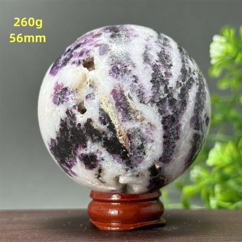 Natural Purple Zebra Fluorite Ball for Reiki Healing, Spiritual Meditation, Chakra Therapy, Magic, Ritual, Divination, Home Decoration, with Stand, Color: A, Parallel Import