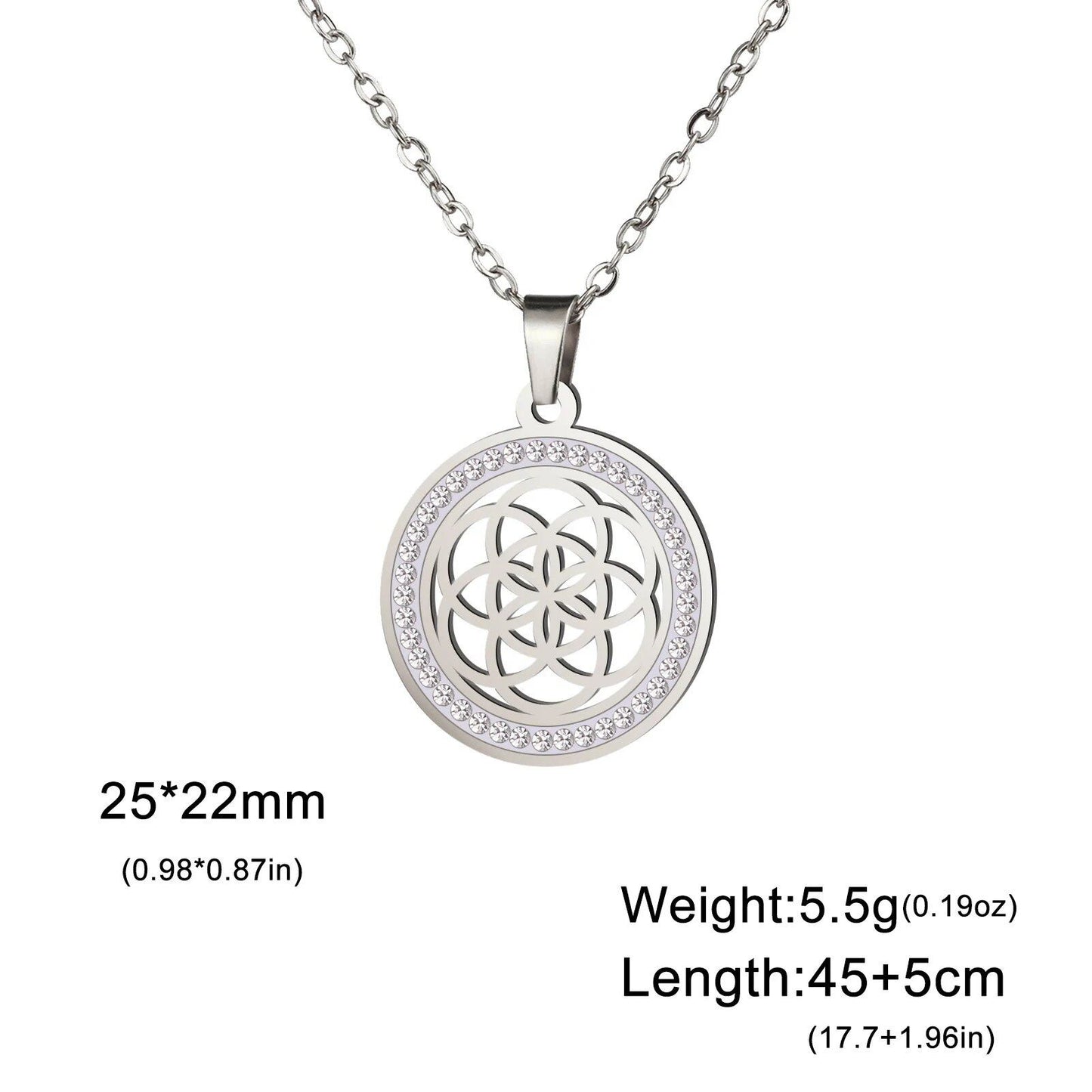 Skyrim Flower Seed of Life Necklace for Women, Stainless Steel with Clear Zircon Round Pendant, Sacred Geometry Spiritual Amulet Jewelry, Length: 45-50cm; Metal Color, Parallel Import