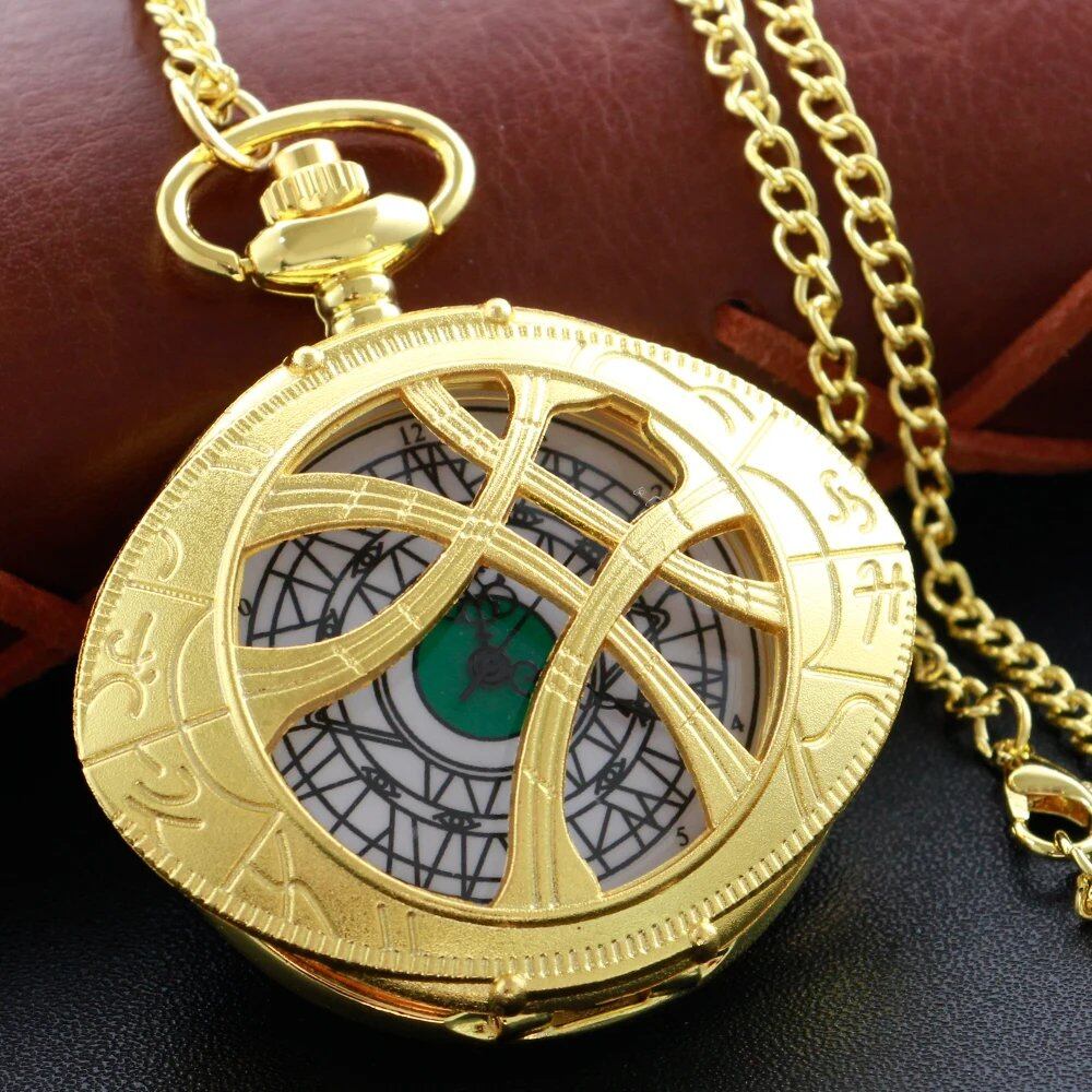 Vintage Bronze Eye-Round Case Quartz Pocket Watch with Pendant Necklace Chain, Gift for Men and Women, Parallel Import