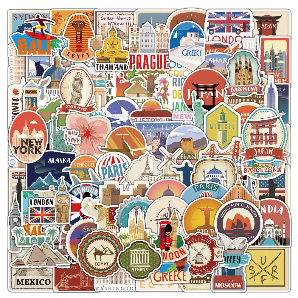 10/30/50/100 Sheets of Tourist Sign-Style Architectural Graffiti Stickers for Skateboards, Laptops, Bikes, Smartphones, Cars, and Kids' Toys. Color: Travel. Parallel Import.