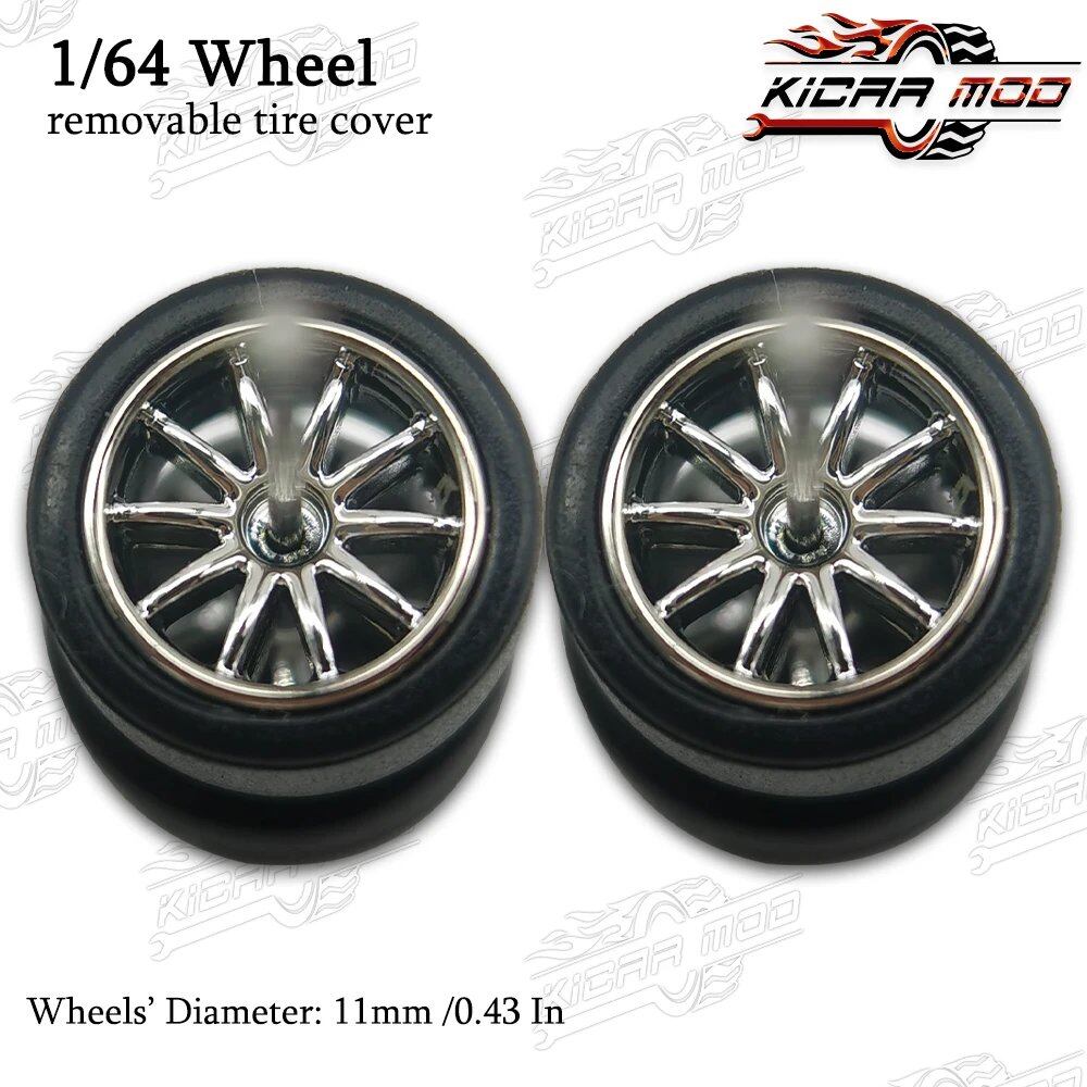 1/64 Scale RLC Premium Wheels with Rubber Slick Tires, 10-Spoke, 11mm Diameter, for Hot Wheels Model Cars (1 Set), Parallel Import