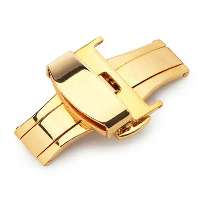 Stainless steel butterfly buckle with polished/matte buttons for watch bands in sizes 16mm, 20mm, 22mm, 24mm, 10/12/14mm. Available in mm band colors. Parallel import.