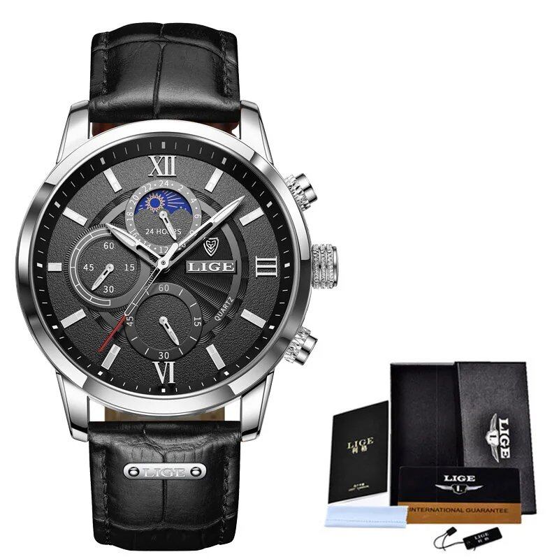LIGE Men's Watch, Top Brand, Luxury Leather Quartz Movement, Waterproof Sport Watch, Color: Parallel Import