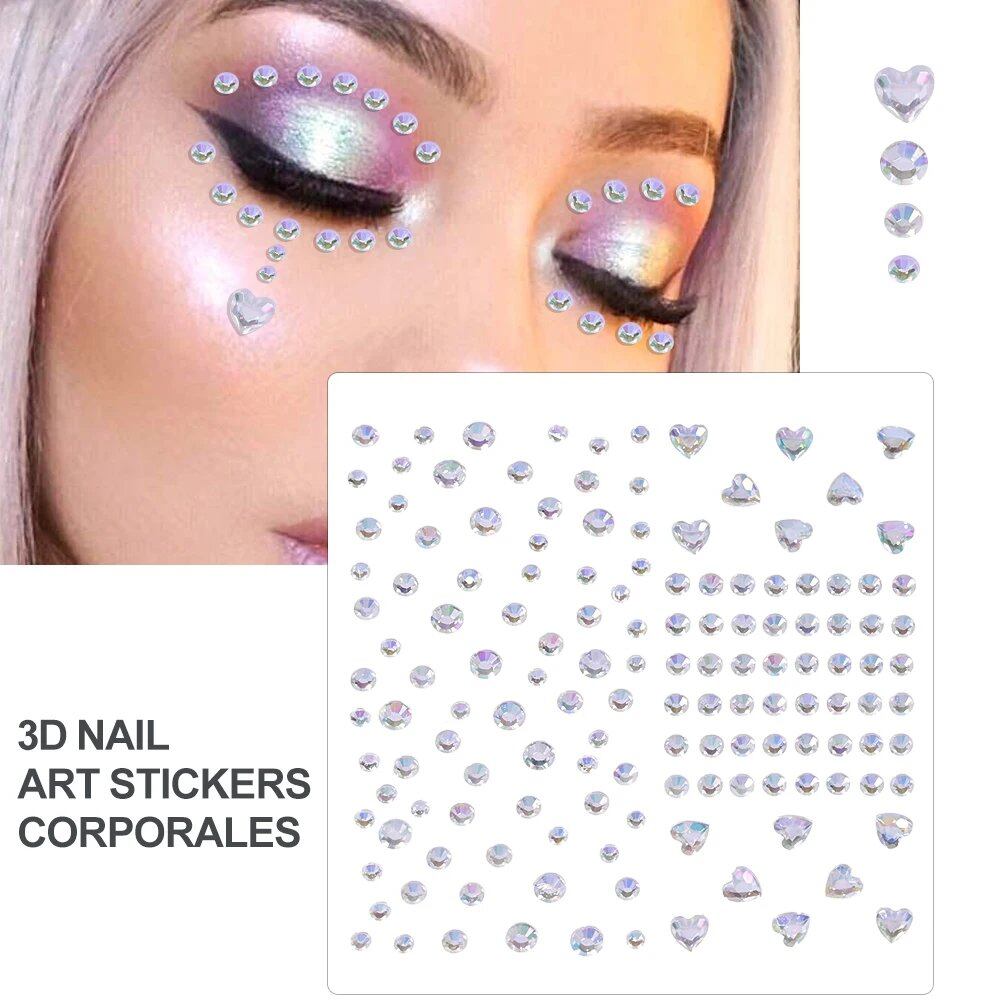 1/5/8-Piece 3D Face and Eye Tattoo Stickers for Party Makeup, Diamond Rhinestone Stickers, Self-Adhesive Mixed Crystal Face Decoration Stickers, Parallel Import