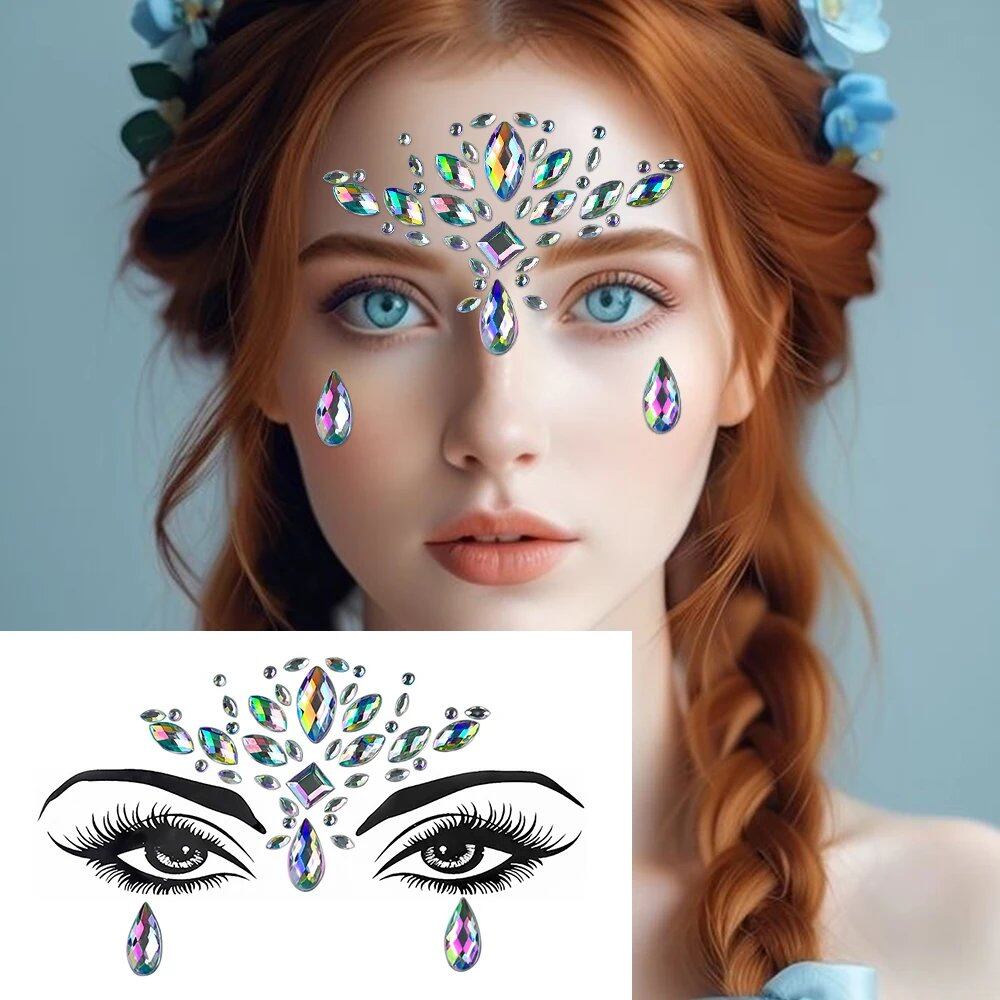 1/5/8-Piece 3D Face and Eye Tattoo Stickers for Party Makeup, Diamond Rhinestone Stickers, Self-Adhesive Mixed Crystal Face Decoration Stickers, Parallel Import