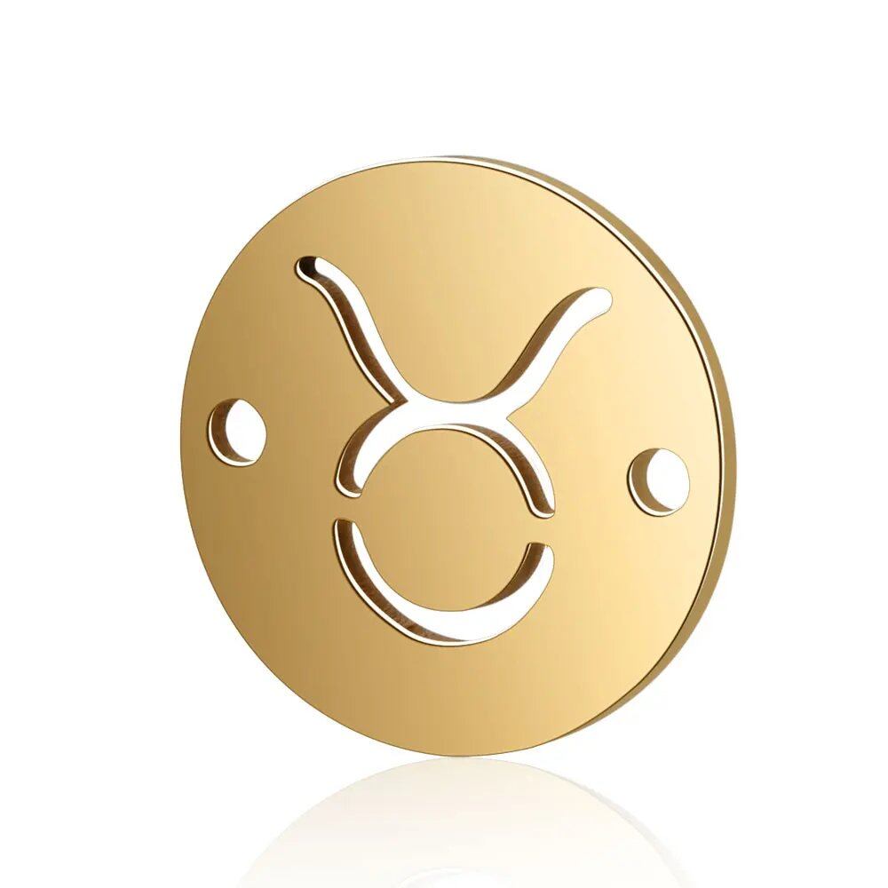 Set of 10 12mm Gold-Colored Round Zodiac Charms, 12 Zodiac Signs, 2-Hole DIY Bracelet Chain Connectors, Metal Color, Parallel Import