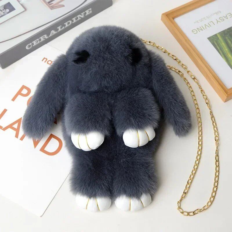 Cute Fluffy Rabbit Pom Pom Chain Bag for Women, Cartoon Rabbit Sling Bag, Plush Bunny Shoulder Backpack, Birthday Gift for Girls, Parallel Import