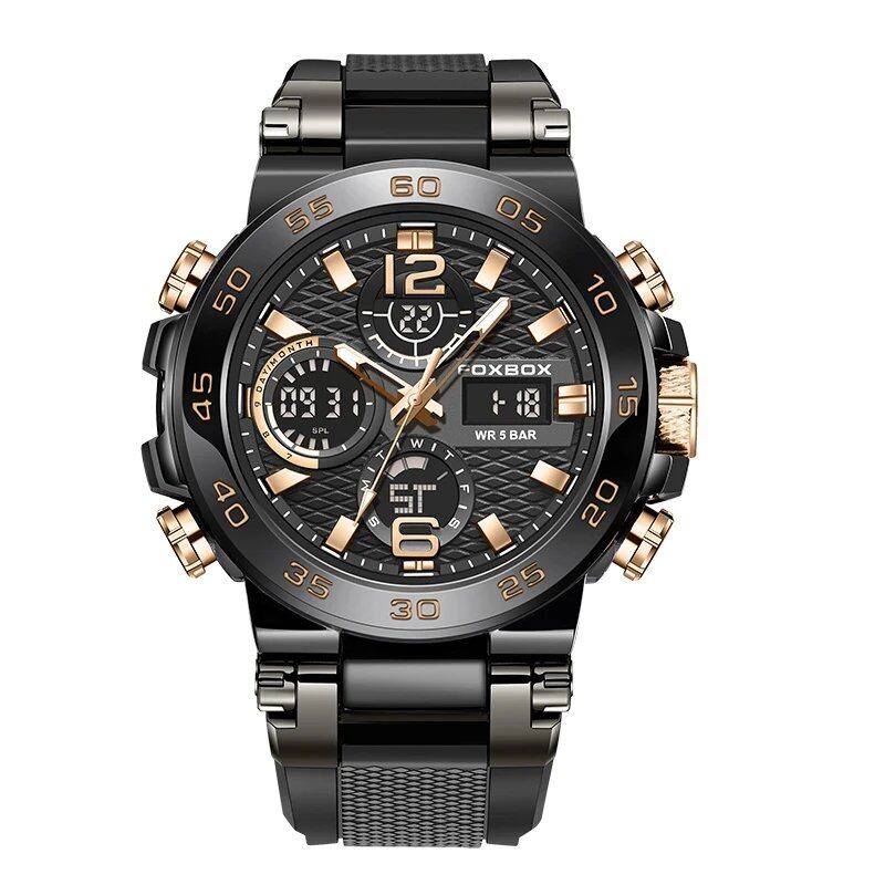 LIGE Men's Watch, 50m Water Resistant, with Alarm, LCD Dual Display, Quartz Movement, Military Sports Watch, Parallel Import