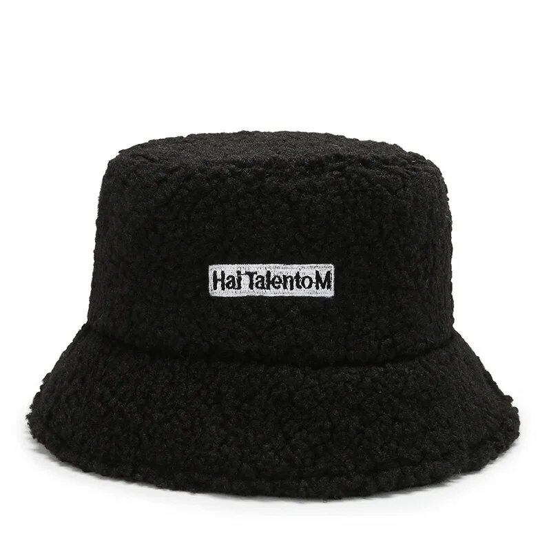 Lambswool unisex bucket hat for men and women, perfect for winter, outdoor activities, and sun protection. Panama fisherman's cap with embroidered lettering. Wholesale chapeau. Sizes: 56-58cm; Parallel import.