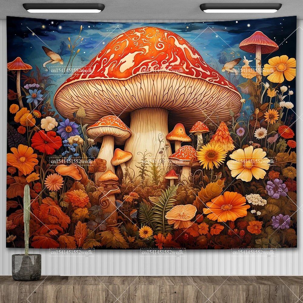 Mushroom Tapestry, Botanical Bohemian Floral, Spiritual Room Decor, Stylish Party Backdrop, Yoga Blanket for Bedroom, Size: Parallel Import
