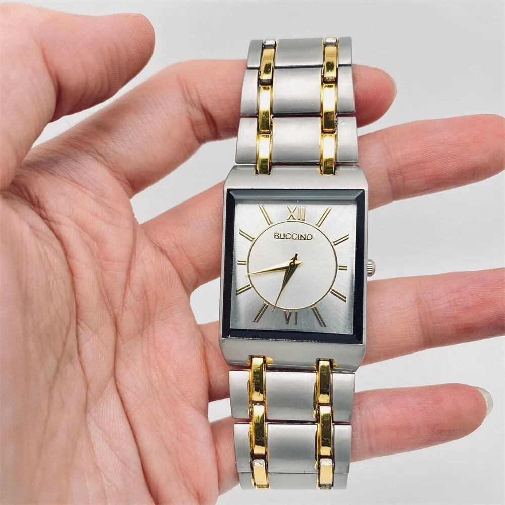 Latest Men's Watch, Stylish and Elegant, Rectangular Dial, Stainless Steel Quartz Watch, Silver or Gold Plated, Color: Gold, Parallel Import