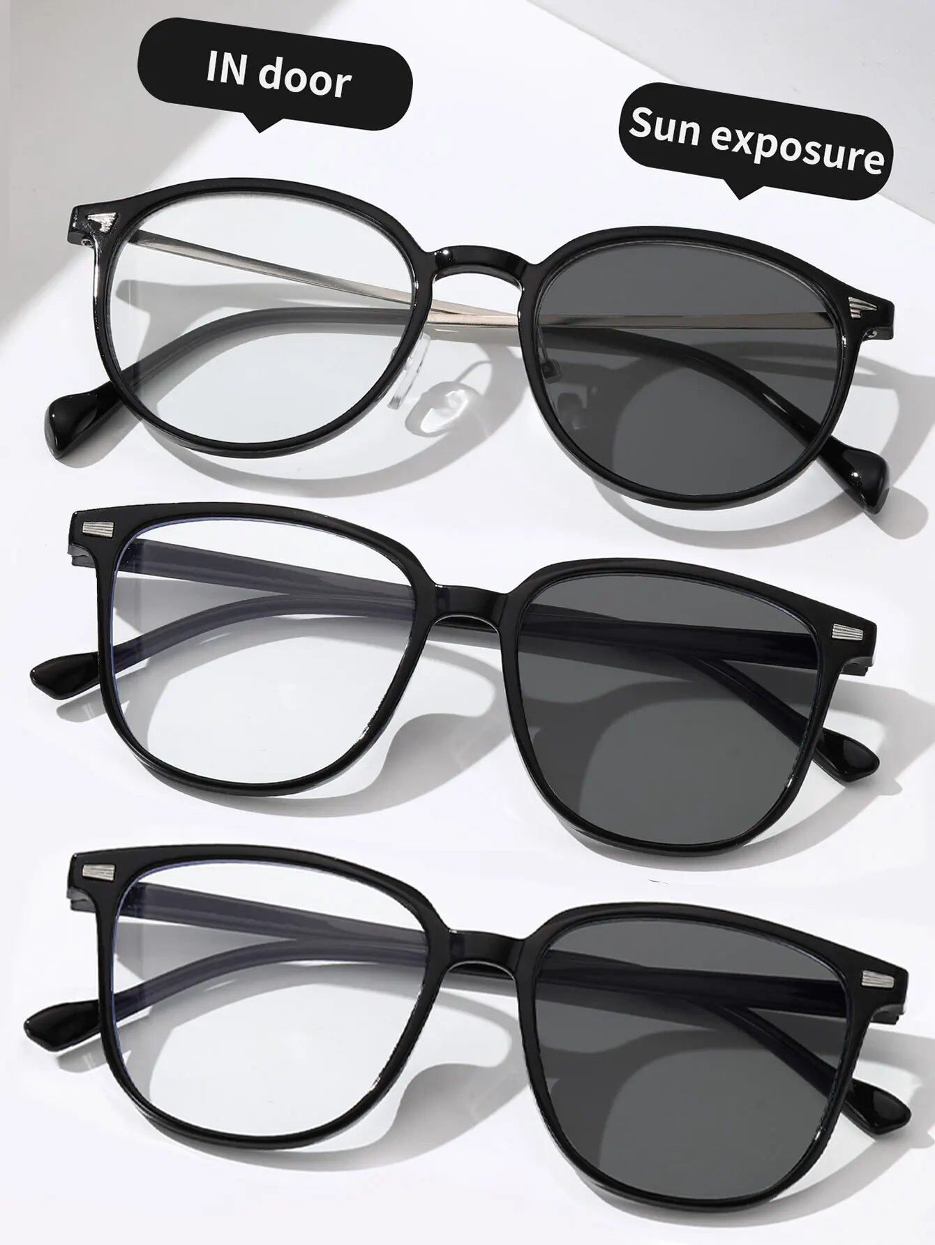 Set of 1, 2, or 3 Classic Unisex Square Frame Photochromic Eyeglasses for Everyday Life and Fishing. Lens Color: Parallel Import.