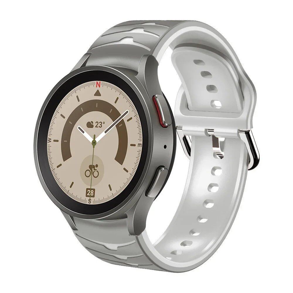 Compatible with Samsung Galaxy Watch 5 Pro (45mm), 6/5/4 (40mm), and 44mm. Two-tone silicone strap with no-grip. Compatible with Galaxy Watch 6/4 Classic (47mm), 43mm. Band Color: Compatible with Galaxy Watch 4, 5, 6, and 7. Parallel import.