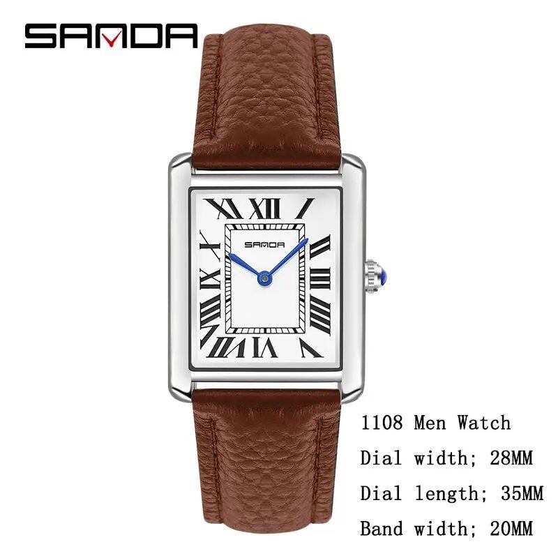 Sanda New Quartz Watch with Roman Numerals, Stainless Steel and Leather Strap, Briefcase, 30m Water Resistant, Popular for Men and Women, Color: Parallel Import
