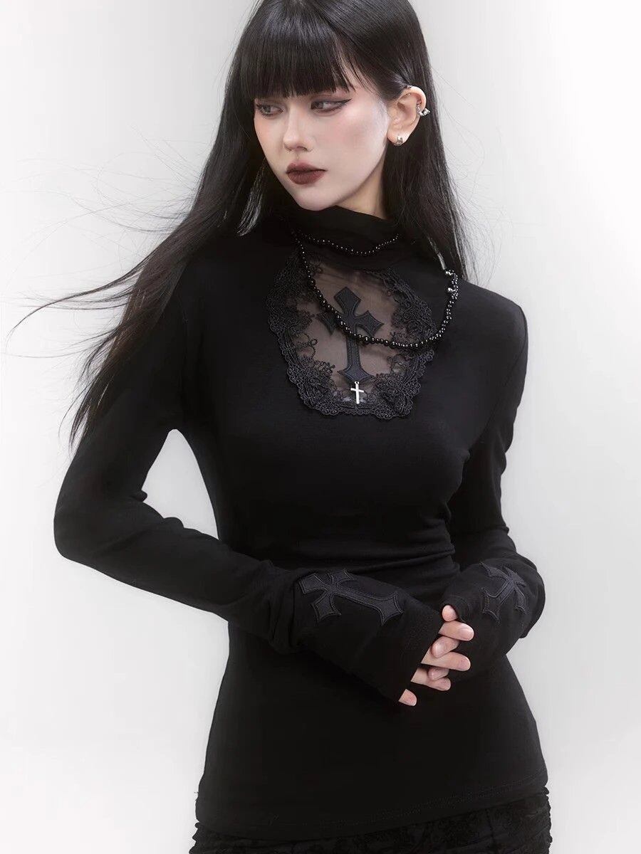Y2K Subculture Japanese Style Long Sleeve T-Shirt, Lace-Up Gothic Black Tee, Women's Streetwear, Punk Design, Size: Parallel Import
