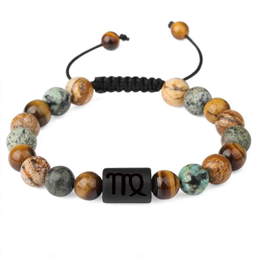 12 Zodiac Sign Beaded Bracelet, Natural Tiger Eye Stone, Zodiac Sign Bracelet for Men and Women, Charm Jewelry, Gift, Metal Color: Parallel Import