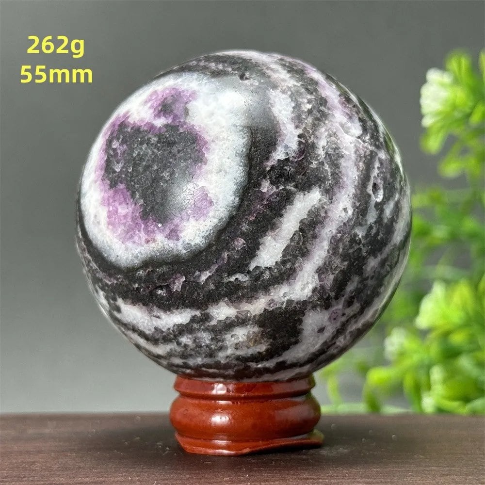 Natural Purple Zebra Fluorite Ball for Reiki Healing, Spiritual Meditation, Chakra Therapy, Magic, Ritual, Divination, Home Decoration, with Stand, Color: A, Parallel Import