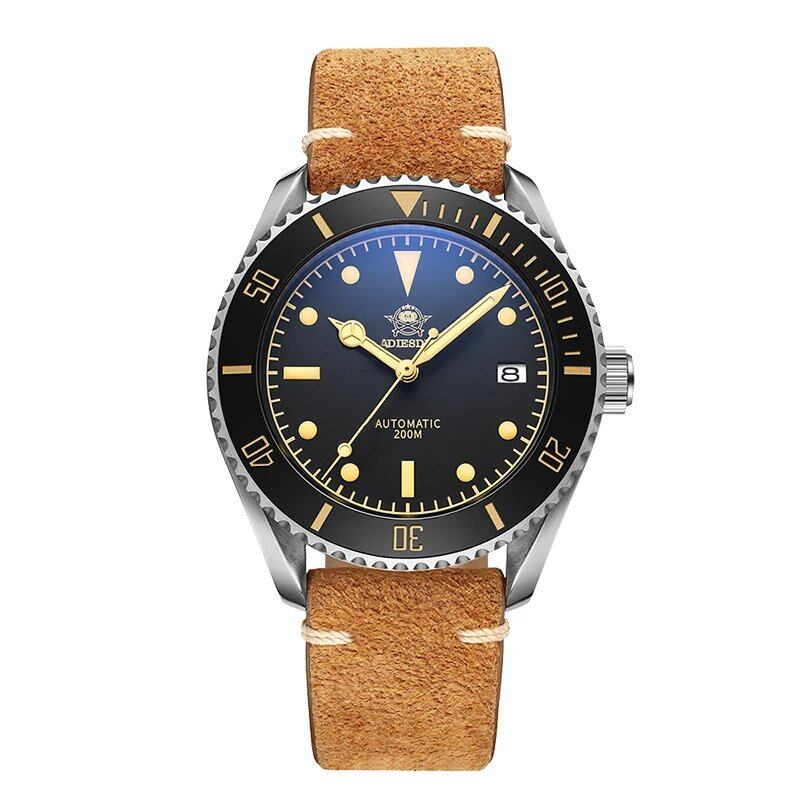 Addies Dive Business Vintage Leather Waterproof Automatic Mechanical Stainless Steel Men's European American Casual Watch Size: NH35; Color: Leather Parallel Import