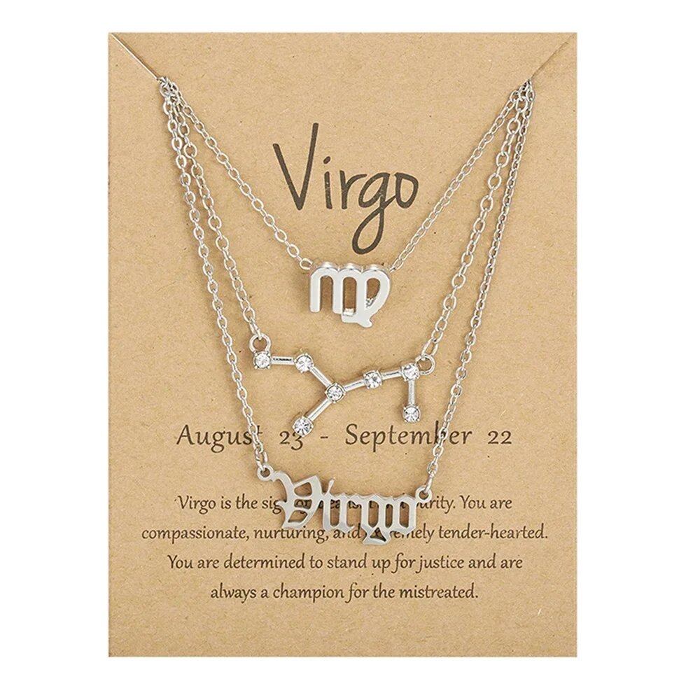 Set of 3 Women's 12 Zodiac Sign Necklaces with Pendant Chains, Chokers, Birthday Jewelry, Cardboard Cards, 45cm Long; Metal Color: 6252, Parallel Import
