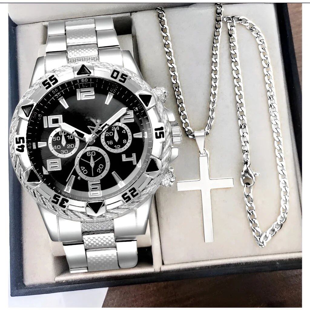 Keglect Men's Steel Band Quartz Watch with Digital Scale, Wristwatch, Necklace, and Bracelet Set; Customization Not Available; Ships from: Parallel Import