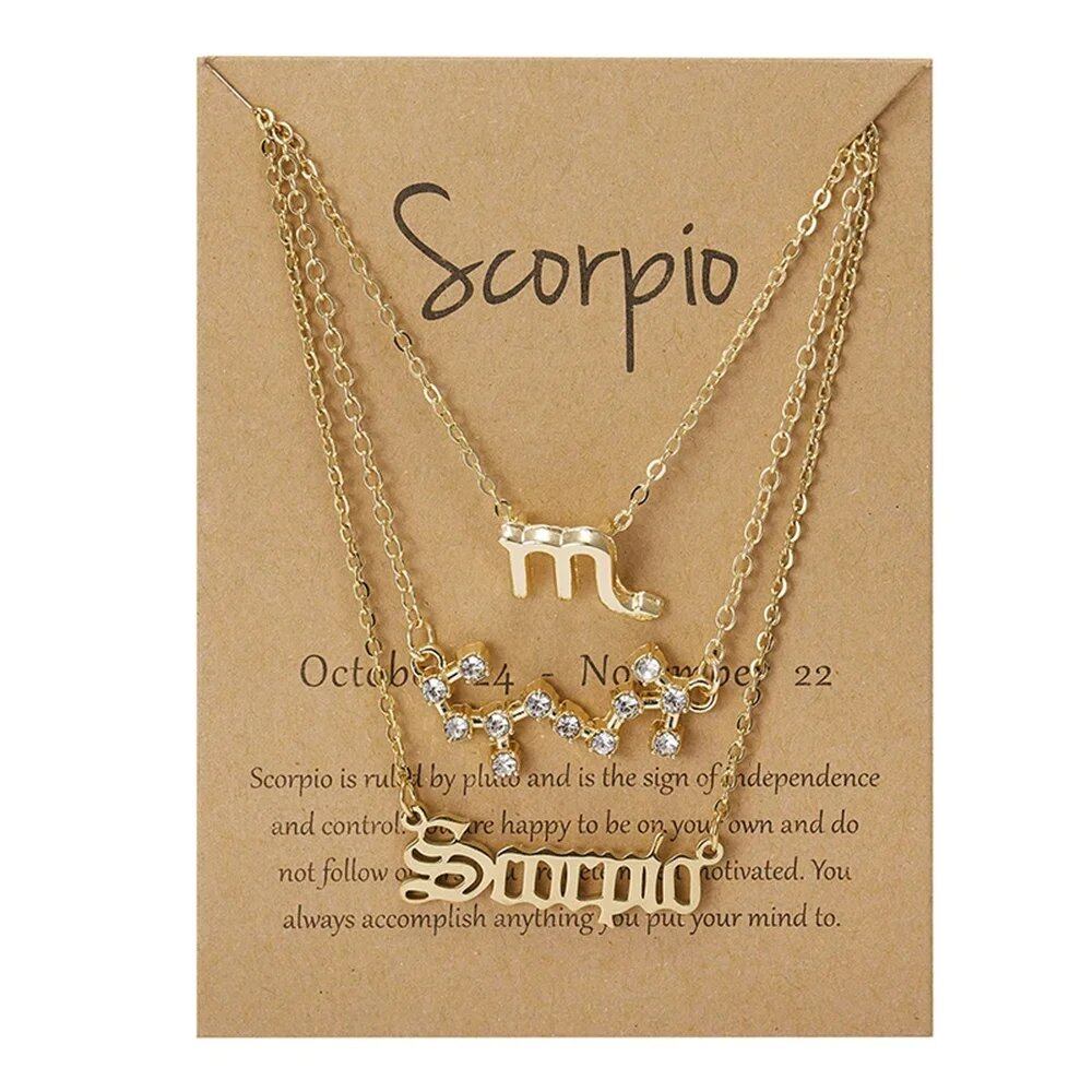 Set of 3 Women's 12 Zodiac Sign Necklaces with Pendant Chains, Chokers, Birthday Jewelry, Cardboard Cards, 45cm Long; Metal Color: 6252, Parallel Import