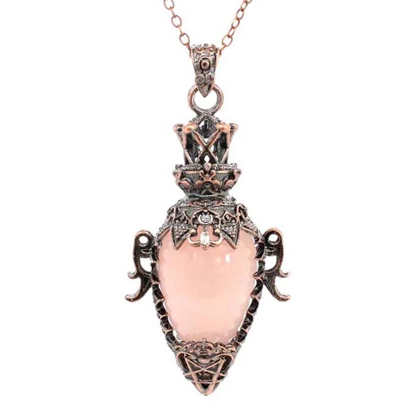 Crystal Pendant Necklace for Dowsing and Spiritual Divination, Natural Amethyst, Rose Quartz, and Onyx, Antique Pendulum Pendant, Metal Color: Parallel Import