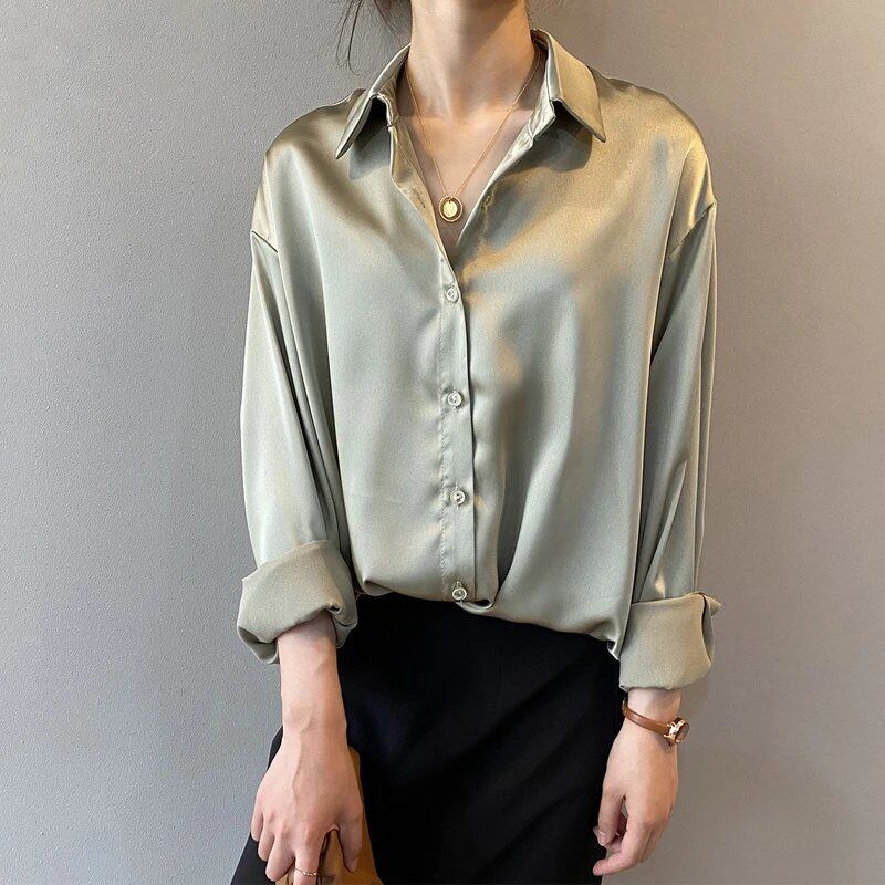 Elegant Satin Loose Dress Shirt with Turndown Collar for Spring and Fall, Vintage Casual Button-Down Silk Top, Size: Parallel Import