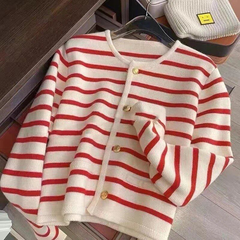 Women's Striped Knit Cardigan, Spring/Autumn, Single-Breasted, Long Sleeve, Crop Top, Stylish, Casual, Chic, One Size; Imported