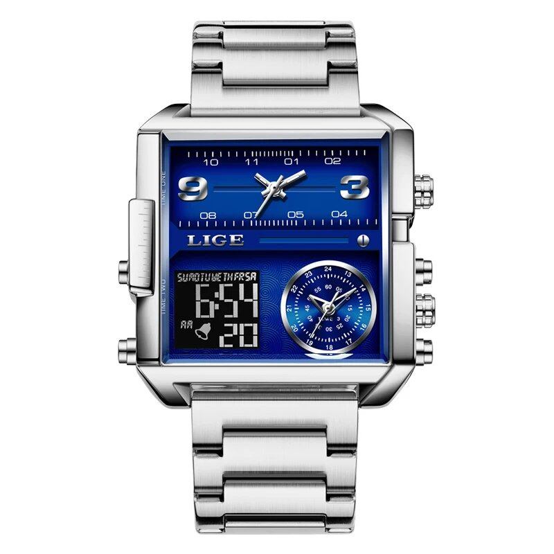 LIGE New Gold Quartz Men's Watch, Luxury Brand Sport Military Watch, Fashion Square Design, Waterproof, Dual Display, Color: Parallel Import