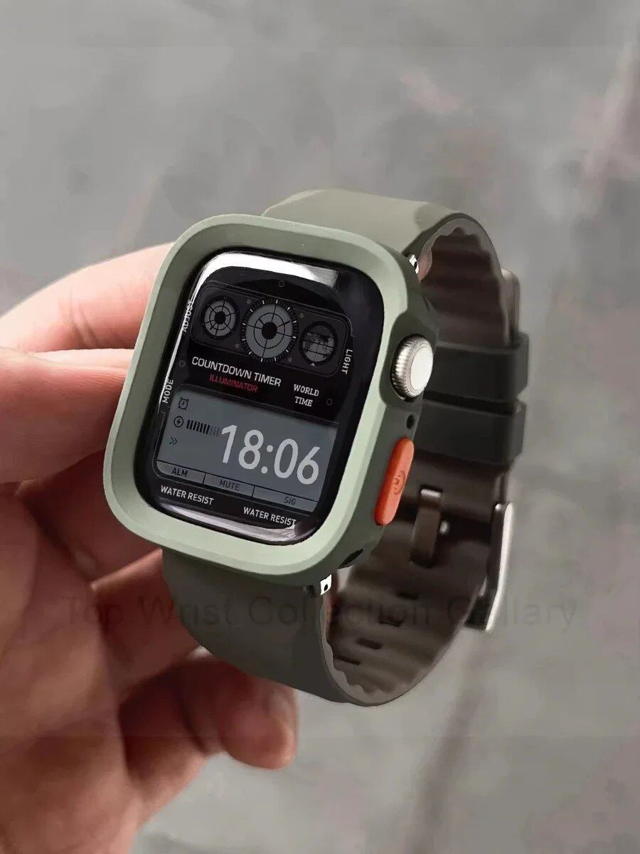 Silicone Band + TPU Case Protector Cover for Apple Watch Ultra 2/Series 1-10 (41mm/44mm/45mm/46mm/49mm) Bracelet Color: Parallel Import