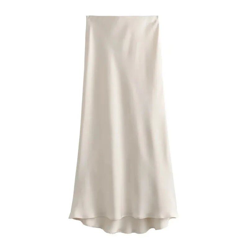TRAF Women's 2024 High-Waisted Satin Skirt, Long, Summer, Black, Midi Length, Office, Elegant, Size: Parallel Import