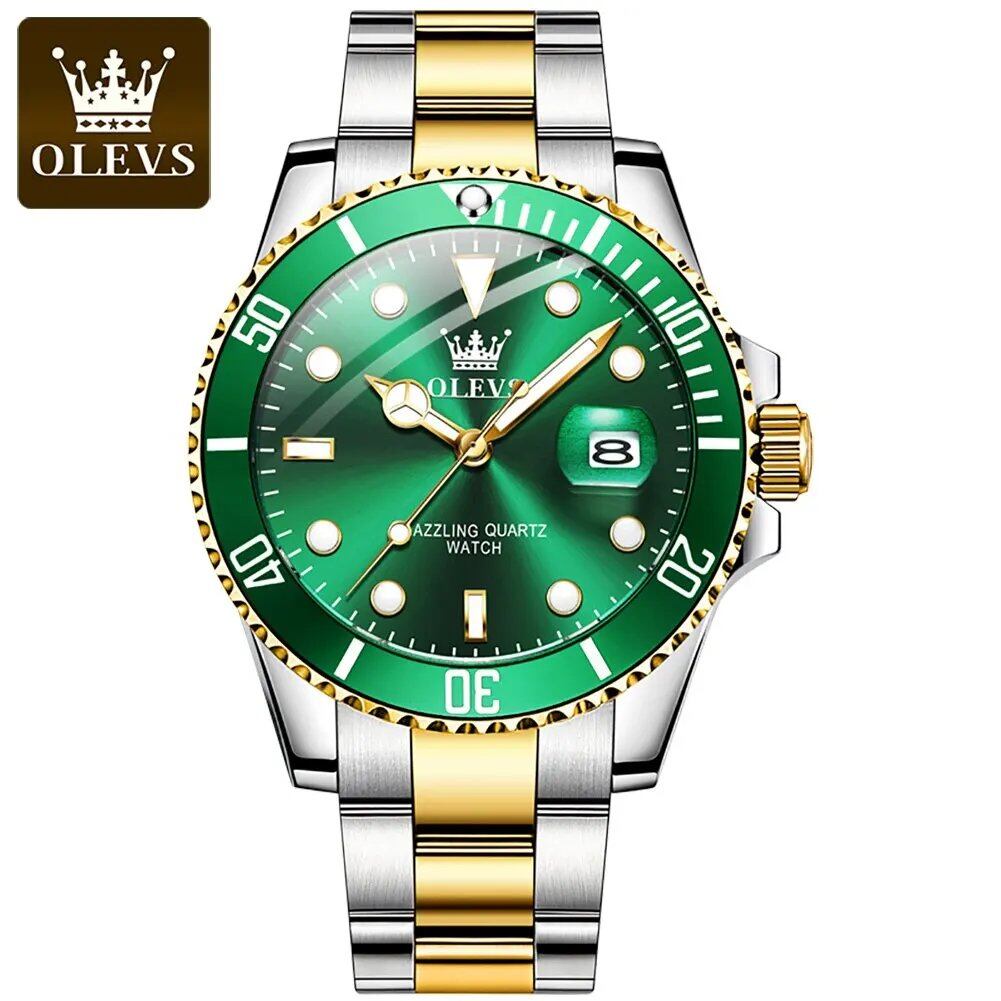 OLEVS Top Original Men's Quartz Watch, Green, Waterproof, Stainless Steel, Quartz Movement, Luxury Wristwatch with Luminous Function; Customization Unavailable, Parallel Import