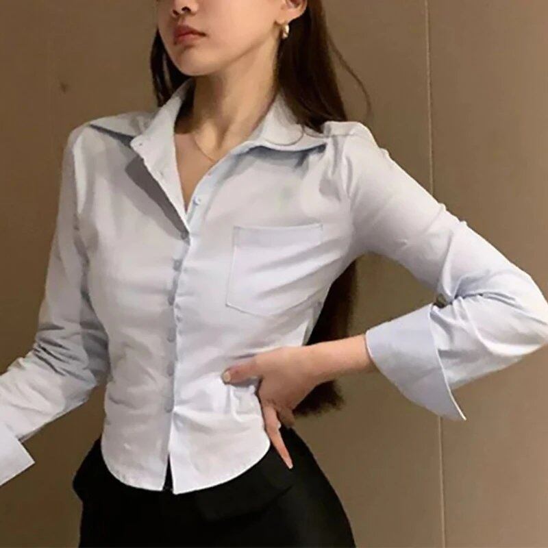 Korean-style white chiffon blouse for business women, spring long sleeves, pockets, button-up top, size: Parallel import