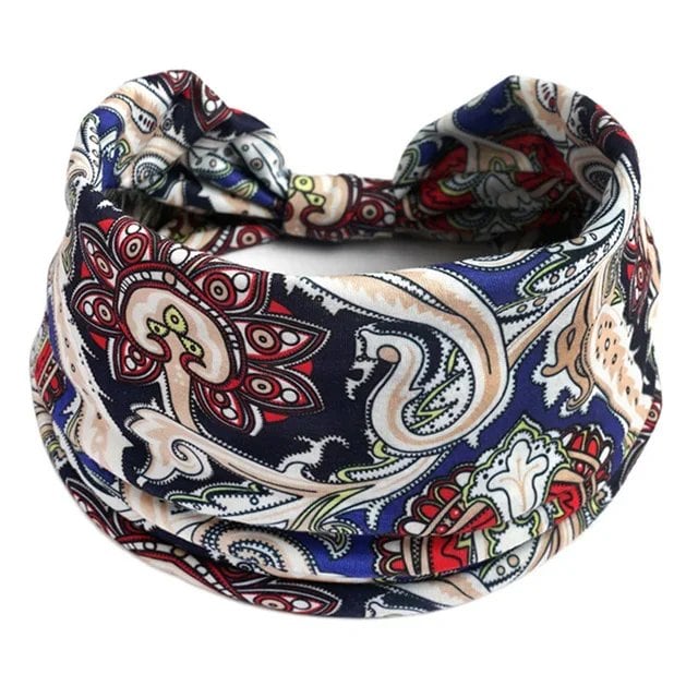 New Boho Floral Print Wide Headband with Vintage Knot Elastic Turban Headwrap for Women and Girls, Cotton Soft Bandana Hair Accessory, Parallel Import