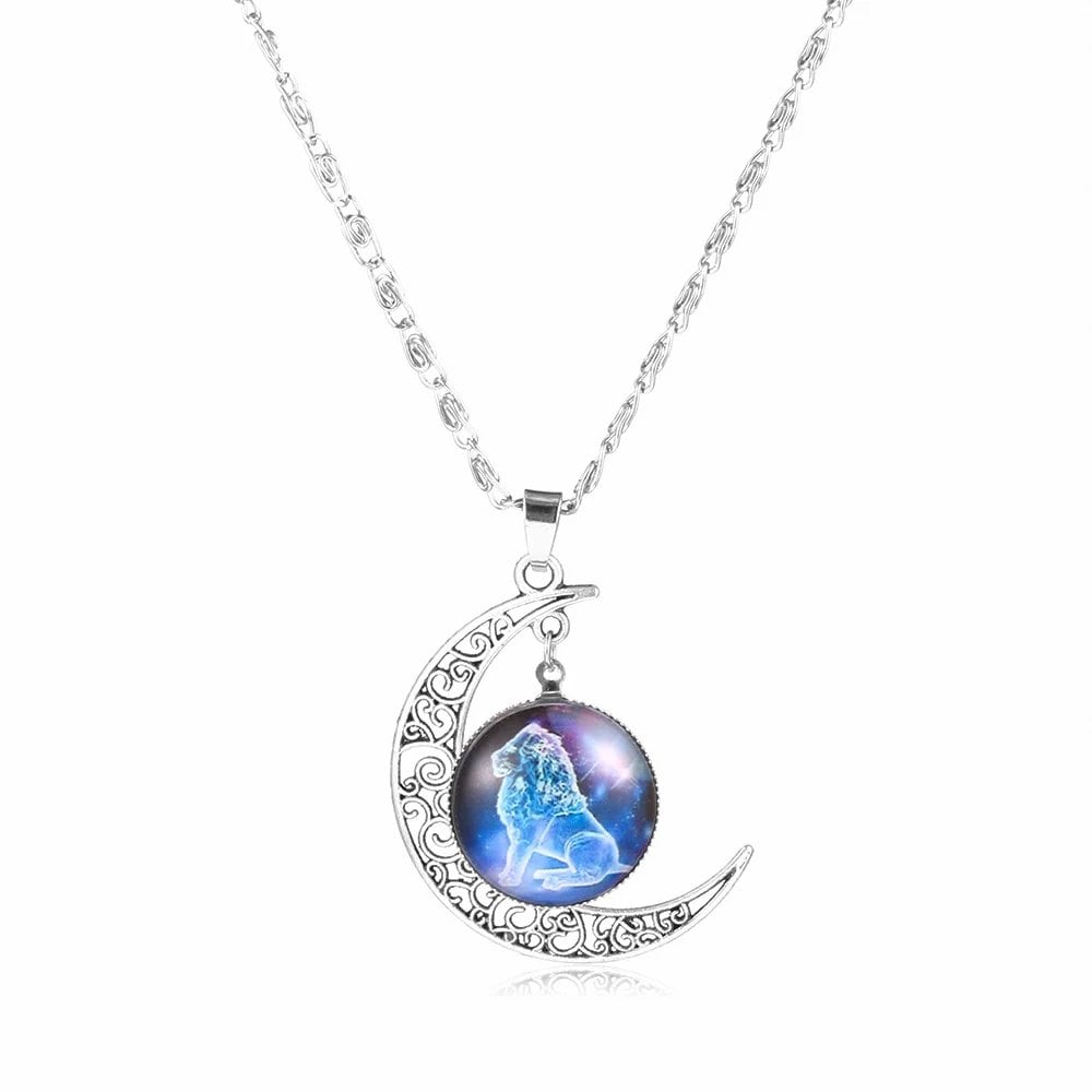 12 Zodiac Signs Glass Dome Crescent Moon Necklace for Women, Stylish Party Jewelry (Compatible with Aries, Taurus, Cancer, Aquarius, and Pisces), Metal Color, Parallel Import
