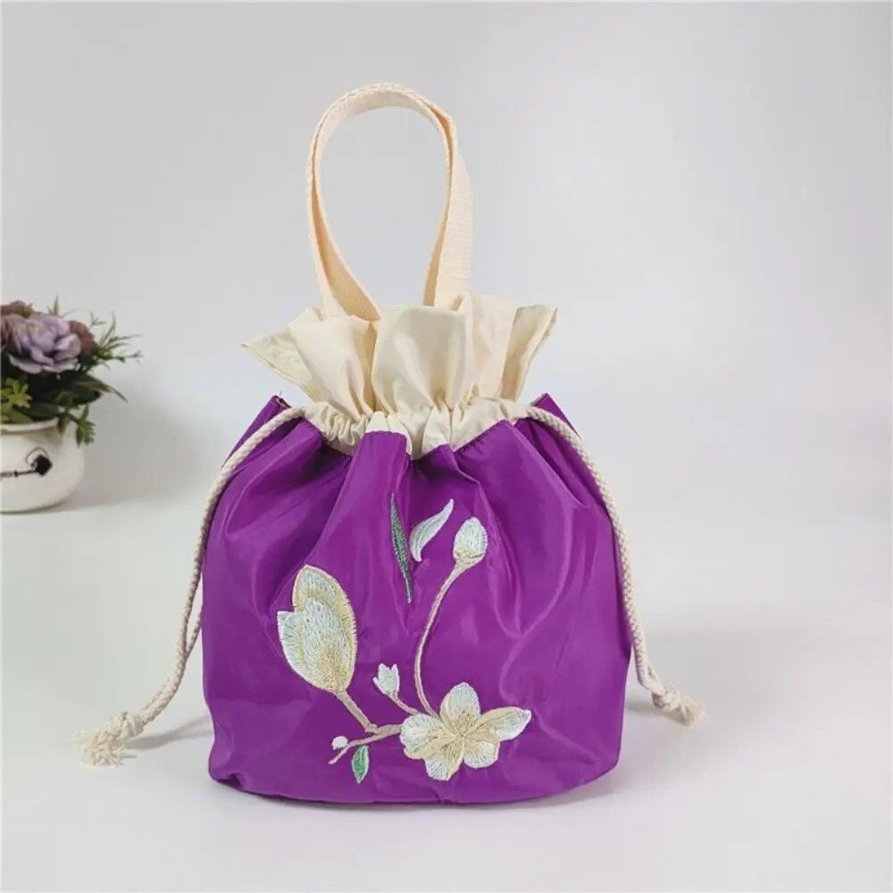 Satin Silk Embroidered Flower Handbag, Ruffle Mommy Bag, Hanfu Drawstring Bag, Korean Style Lunch Bag, Floral Bucket Bag, Outdoor Bag, Parallel Import