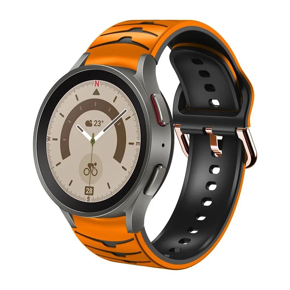 Compatible with Samsung Galaxy Watch 5 Pro (45mm), 6/5/4 (40mm), and 44mm. Two-tone silicone strap with no-grip. Compatible with Galaxy Watch 6/4 Classic (47mm), 43mm. Band Color: Compatible with Galaxy Watch 4, 5, 6, and 7. Parallel import.