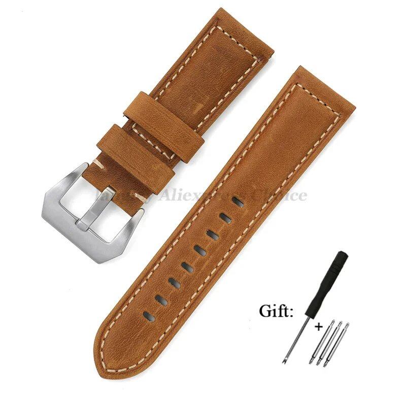 Genuine Panerai Leather Watch Band, High-Quality Calf Crazy Horse Strap, Men's Sports Bracelet, 20mm, 22mm, 24mm, 26mm Band Colors, Parallel Import
