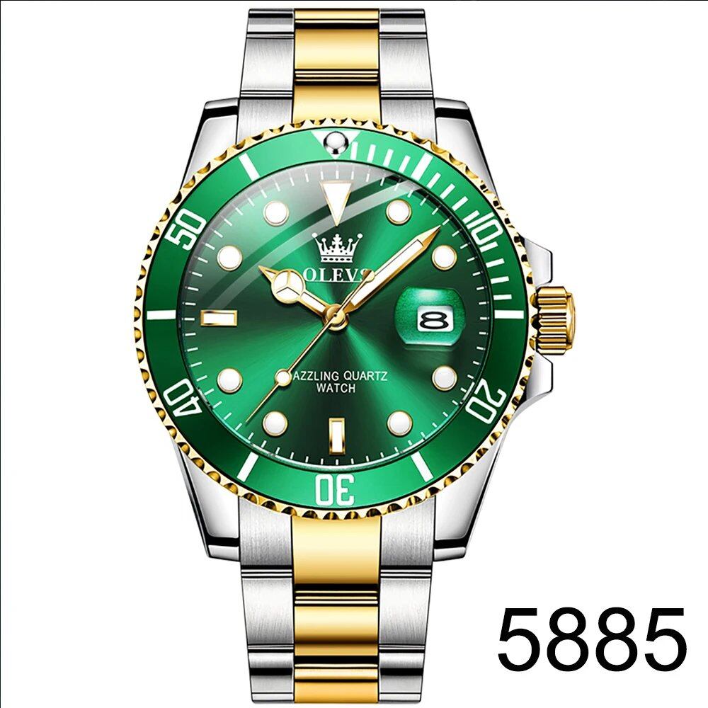 OLEVS Original Top Men's Quartz Watch, Green, Waterproof, Stainless Steel, Quartz Movement, Luxury Men's Wristwatch with Luminous Movement, Color: 5885 Gold Green; Customization Unavailable, Parallel Import