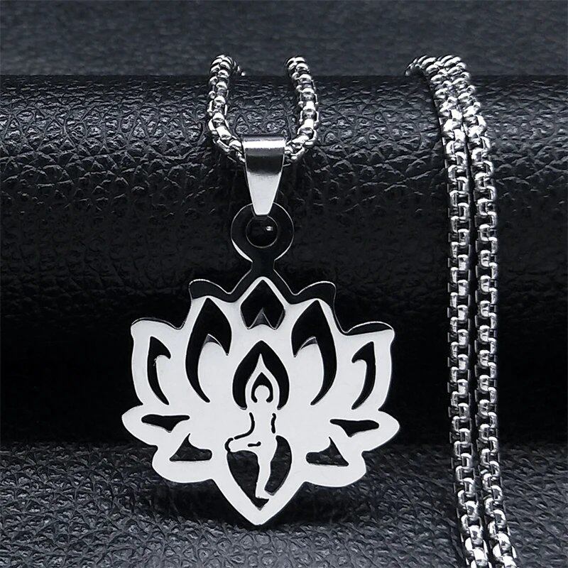 Hippie Stainless Steel Yoga Lotus Necklace for Women/Men, Spiritual Chakra Symbol Flower of Life Necklace, Jewelry Color N7067S02, Metal Color, Parallel Import