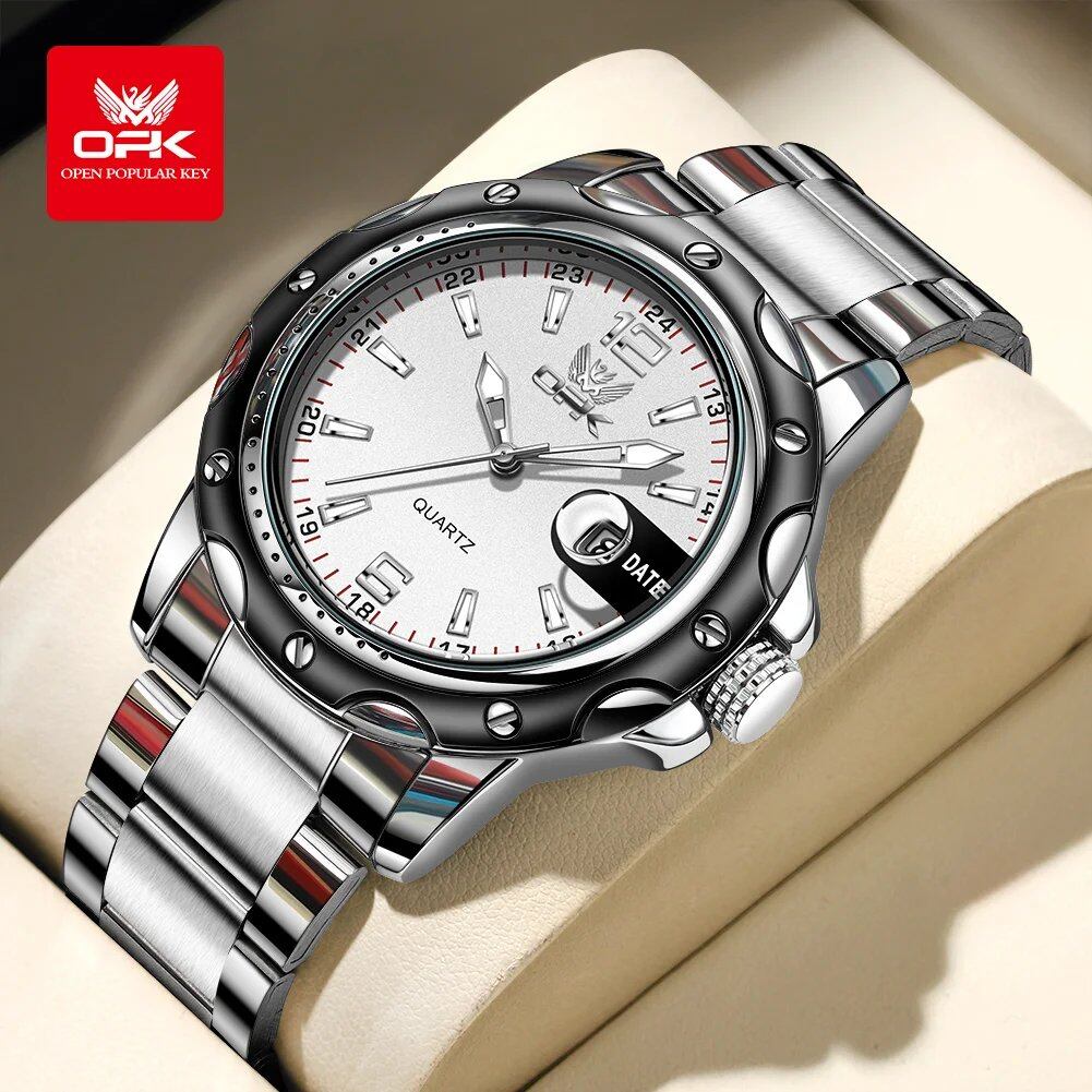 OPK 6026: Casual and minimalist men's quartz watch with date function, steel strap, parallel import.