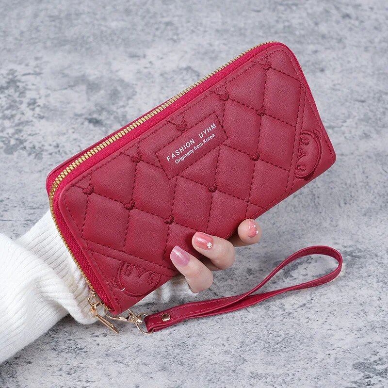 女性用ファッション ハート型 ジッパー付き長財布 ソリッドカラー PUレザー コインポーチ レディース リストバンド付き カードホルダー クラッチバッグ ;発送元: 並行輸入品