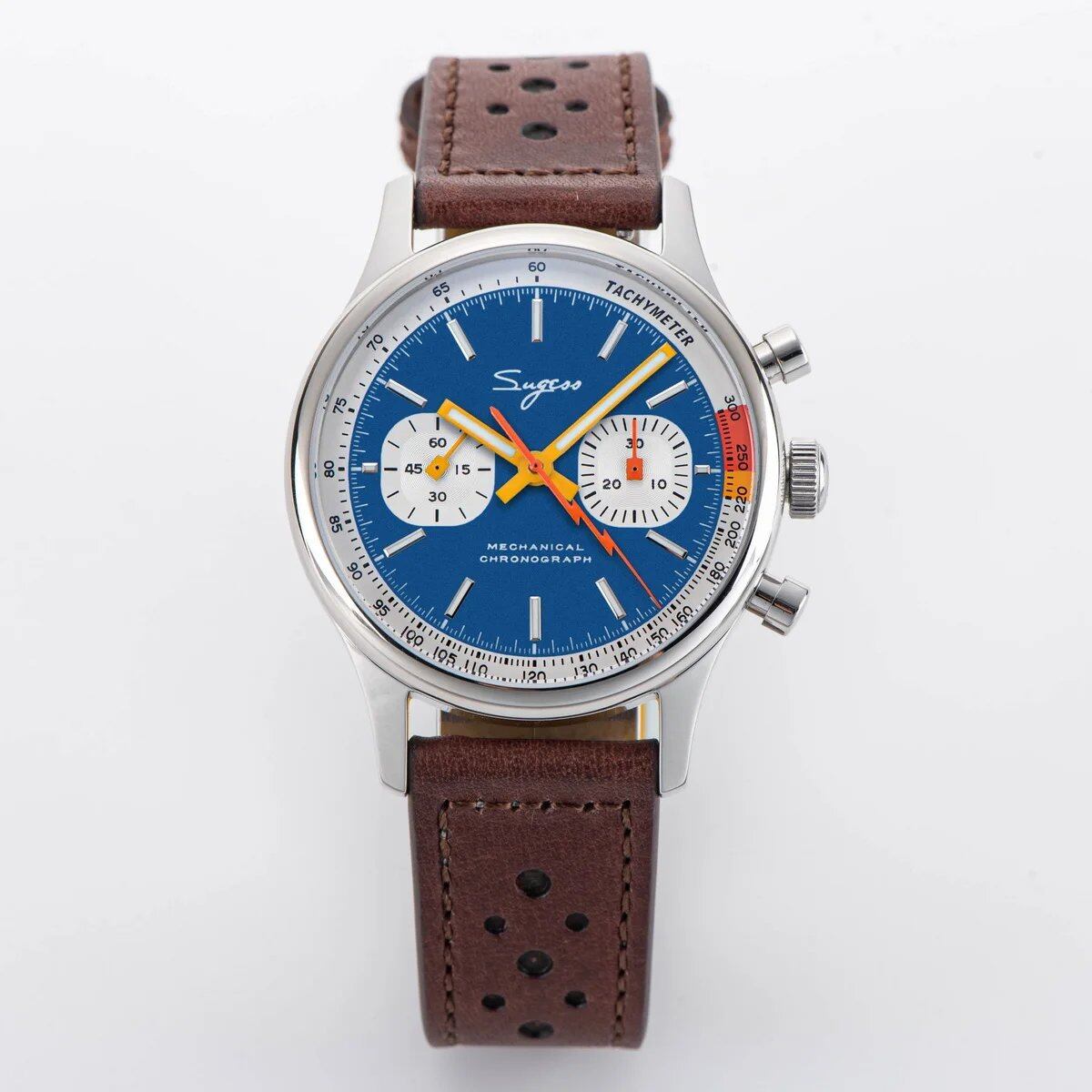 Sugess Men's Chronograph Mechanical Pilot's Watch, Tianjin ST19 Swan-Neck Movement, Sapphire Crystal, V2, Blue with Hole Strap; Ships from: Parallel Import