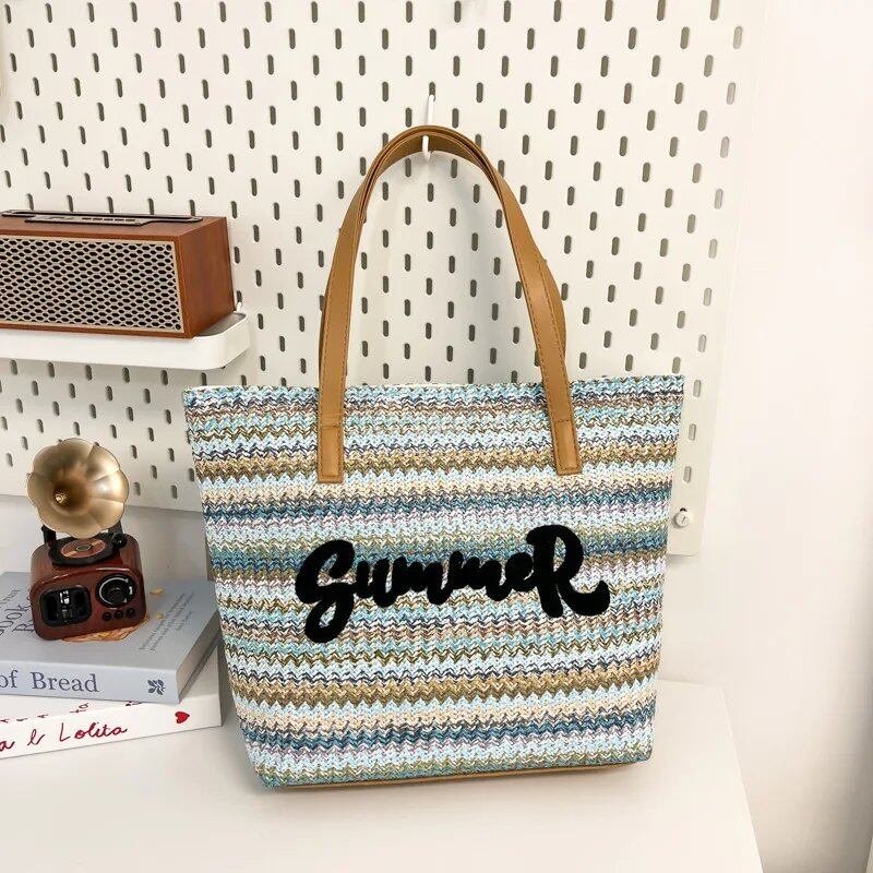 夏用レース刺繍ビーチバッグ 女性用トートバッグ 大容量ショルダーバッグ 草編みバッグ 色: 並行輸入品