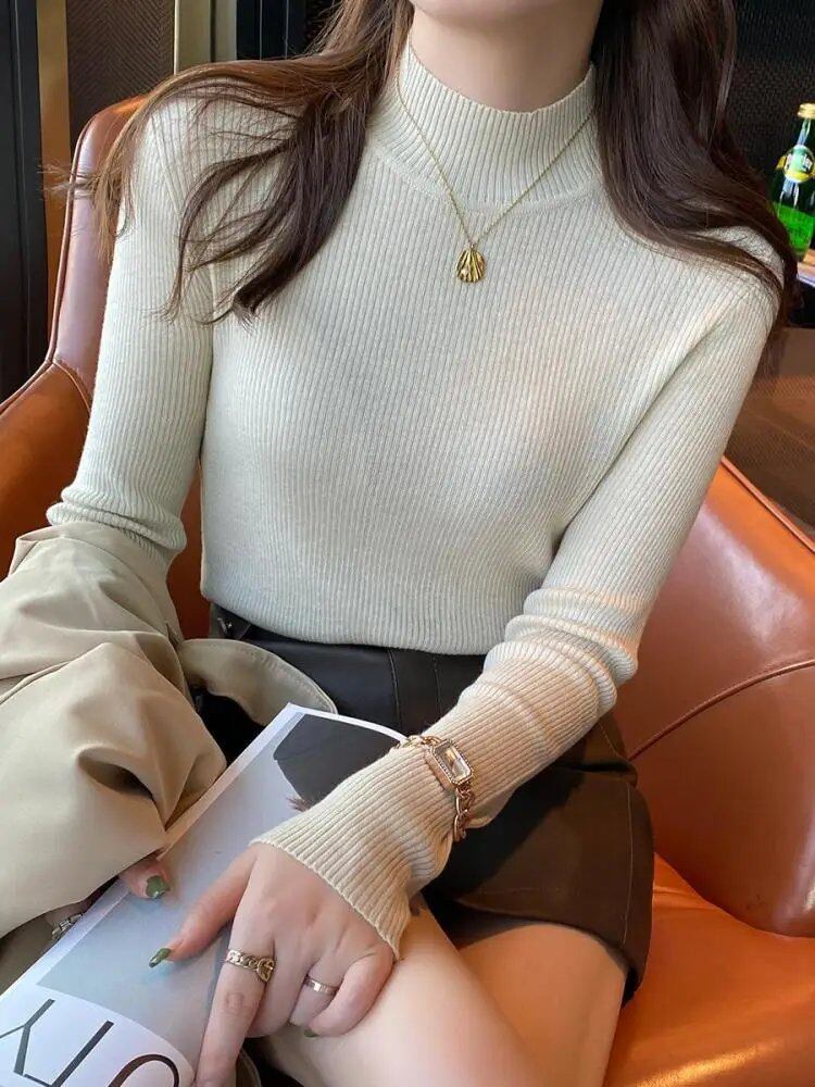 Women's Autumn/Winter Mock Neck Sweater, Vintage Basic Solid Knit Korean Style Top, Casual Slim Pullover Sweater, Simple Chic Jumper, Size: One Size Fits Most; Imported