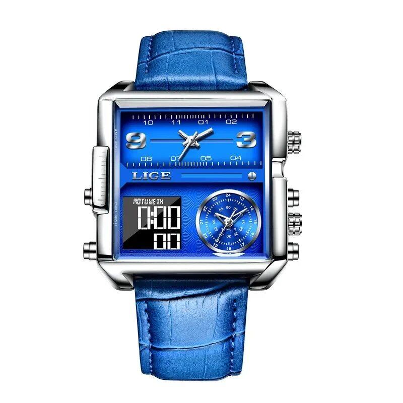 LIGE New Gold Quartz Men's Watch, Luxury Brand Sport Military Watch, Fashion Square Design, Waterproof, Dual Display, Color: Parallel Import